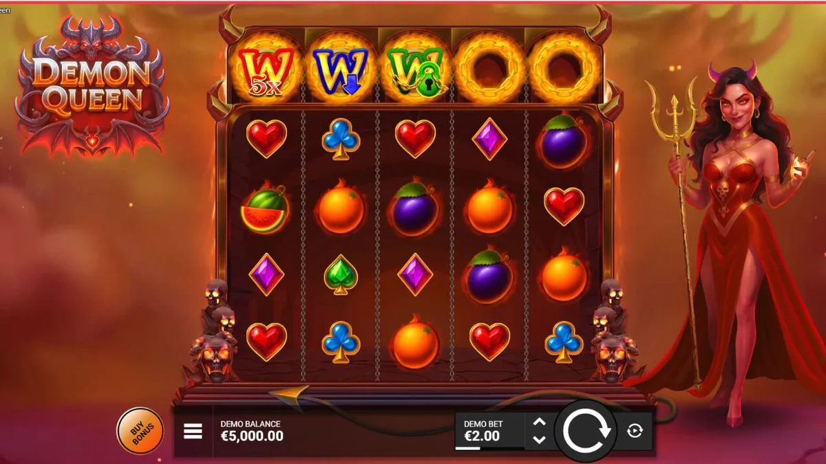 Tampilan visual slot Demon Queen dengan tema gotik dan api