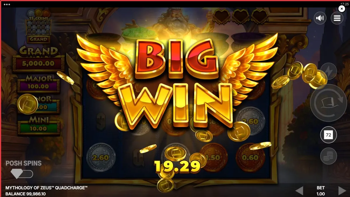 Tampilan visual slot Mythology of Zeus QUADCHARGE dengan tema dewa Yunani dan petir.