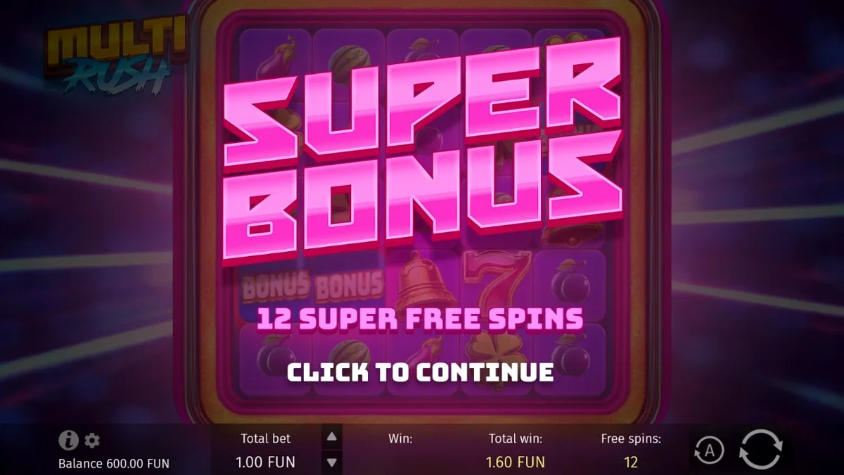 Tampilan visual slot Multi Rush dengan simbol buah neon dan desain arcade modern.