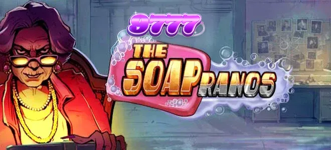 Tampilan visual slot Soapranos dengan latar belakang neon dan simbol permainan yang dinamis.